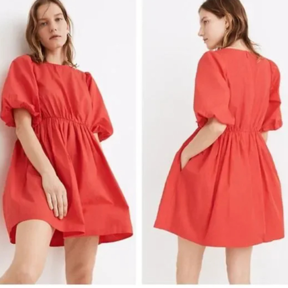 Madewell Red Poplin Crewneck Bubble-Sleeve Mini